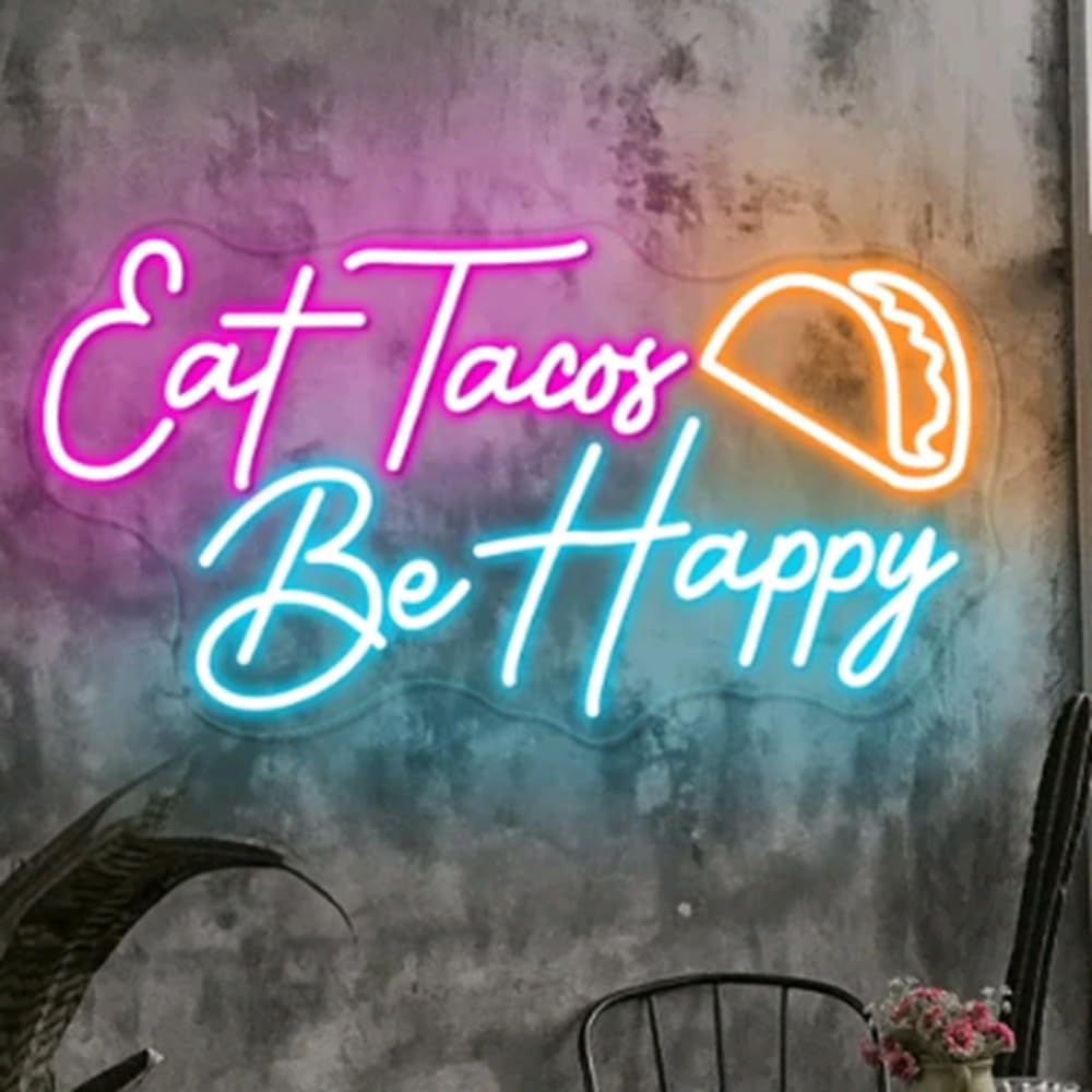 Eat Tacos Be happy Neon Sign, Custom Mexican Restaurant Decor LED Neon Light Kitchen Coffee Bar Shop Wall Taco Party Decoration Food Sign Size:20x10.5inches