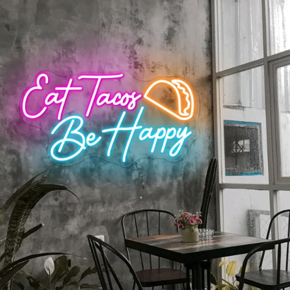 Eat Tacos Be happy Neon Sign, Custom Mexican Restaurant Decor LED Neon Light Kitchen Coffee Bar Shop Wall Taco Party Decoration Food Sign Size:20x10.5inches