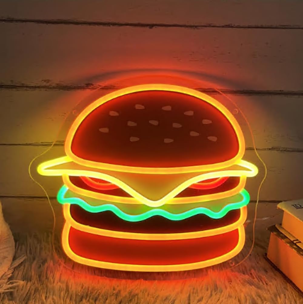Burger LED Neon Sign, Custom UV Printed Hamburger LED Neon Light Home Kitchen Wall Decor Restaurant Fast Food Shop Decor Burger Lover Gift Size:20 X 17inch