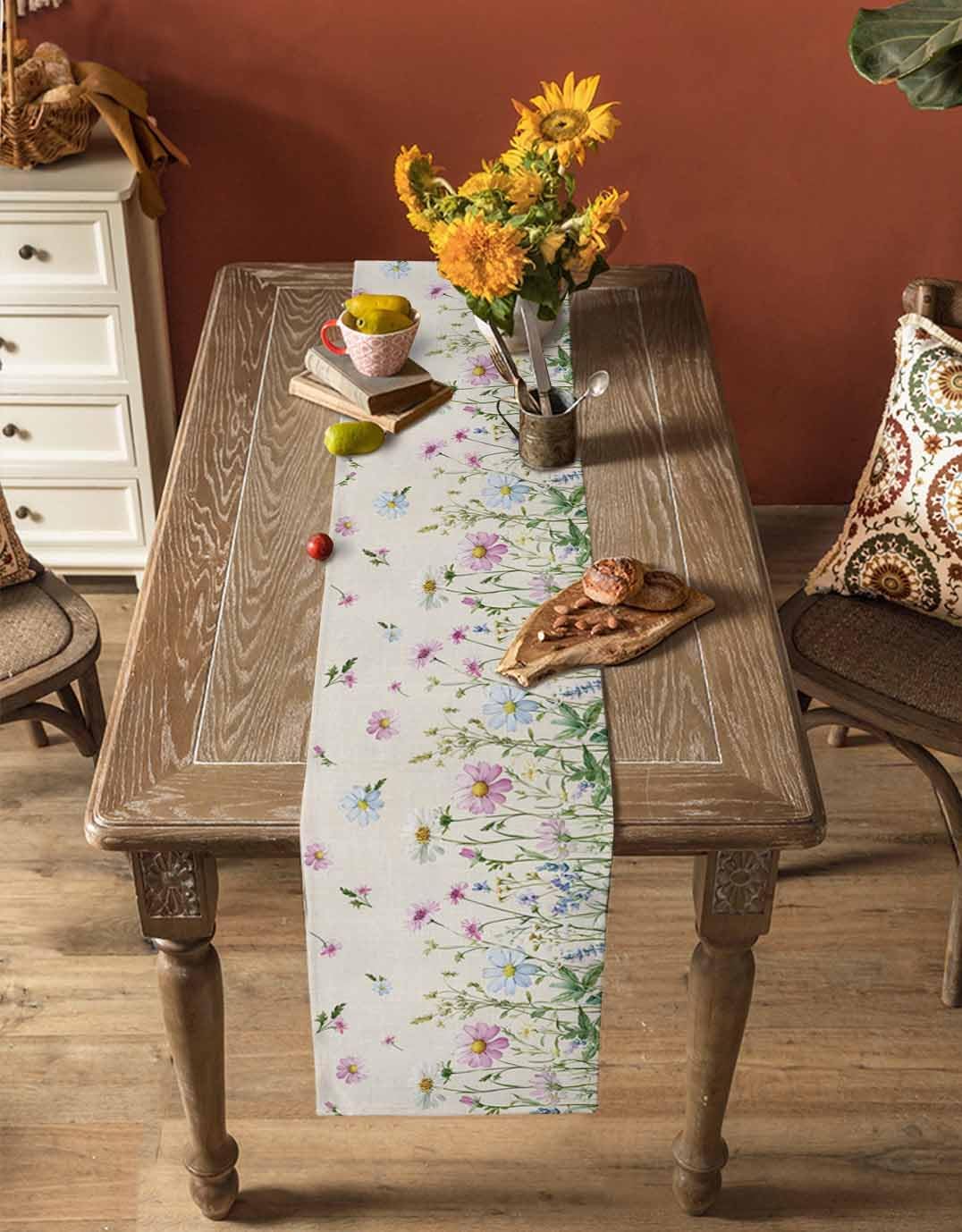 Vintage Wildflowers Cotton Linen Table Runner for Dining Kitchen, Wedding Outdoor Party Tablerunners Decoration, Farm Floral Pink Botanical Plants Dresser Scarf Coffee Tablecloth Runners 13x120 Inches