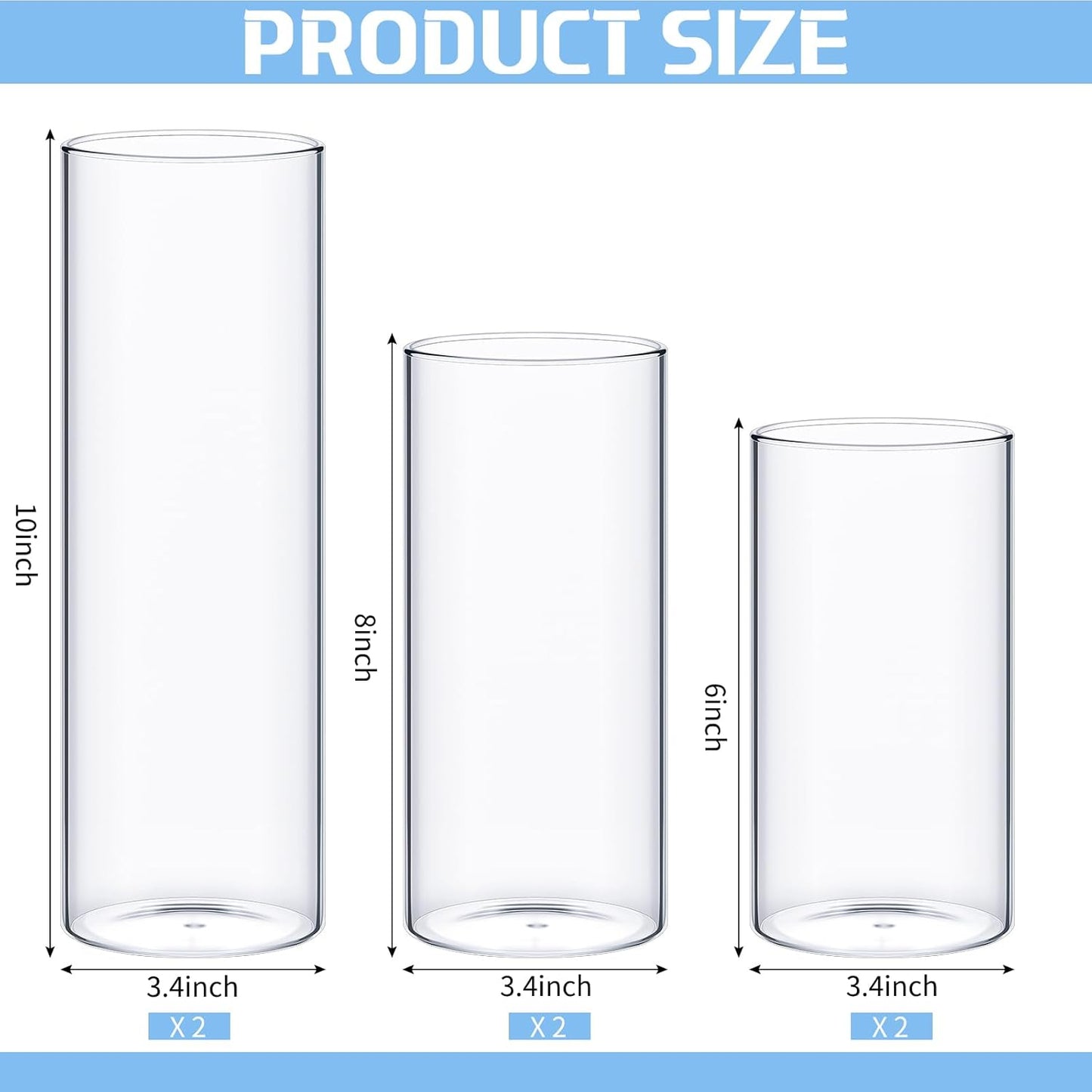 Thin Glass Cylinder Vases 2.5''/3.3'' Diameter 2mm Wall Thickness Clear Flowers Vase Hurricane Floating Candles Holders for Table Centerpieces Wedding Decor(3.3'' X 5.9'',7.9'',9.8'',6 Pcs)
