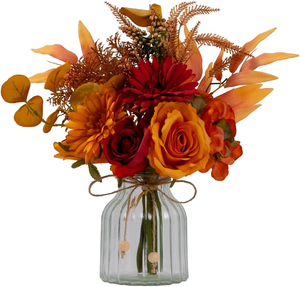 LSEING Fall Flowers Artificial with Vase for Centerpiece,Fake Silk Orange Rose Flower Arrangement in Glass Vase for Home Office Table Decoration (Orange)