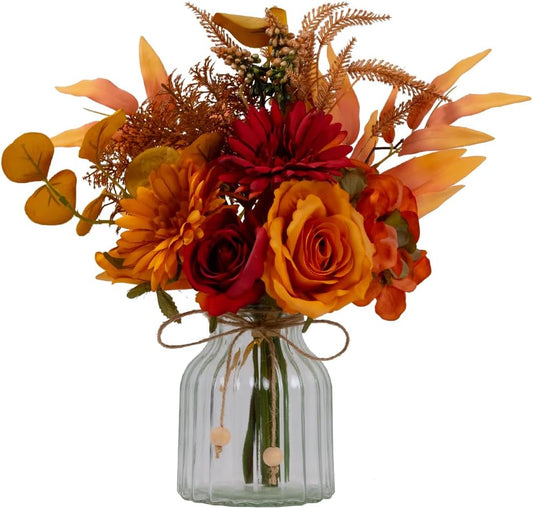 LSEING Fall Flowers Artificial with Vase for Centerpiece,Fake Silk Orange Rose Flower Arrangement in Glass Vase for Home Office Table Decoration (Orange)