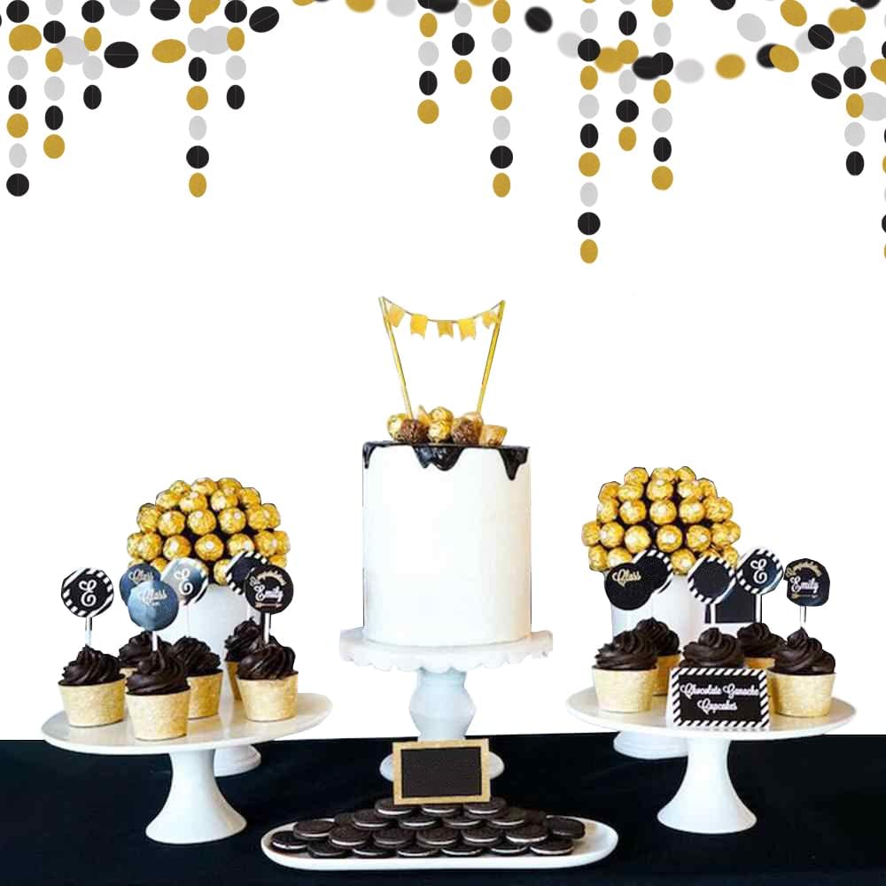Silver Black Gold Party Decorations - 52Ft Paper Streamers Garland Banner Birthday New Years Eve Retirement Graduation Anniversary Classroom Office Hanging Decor Supplies