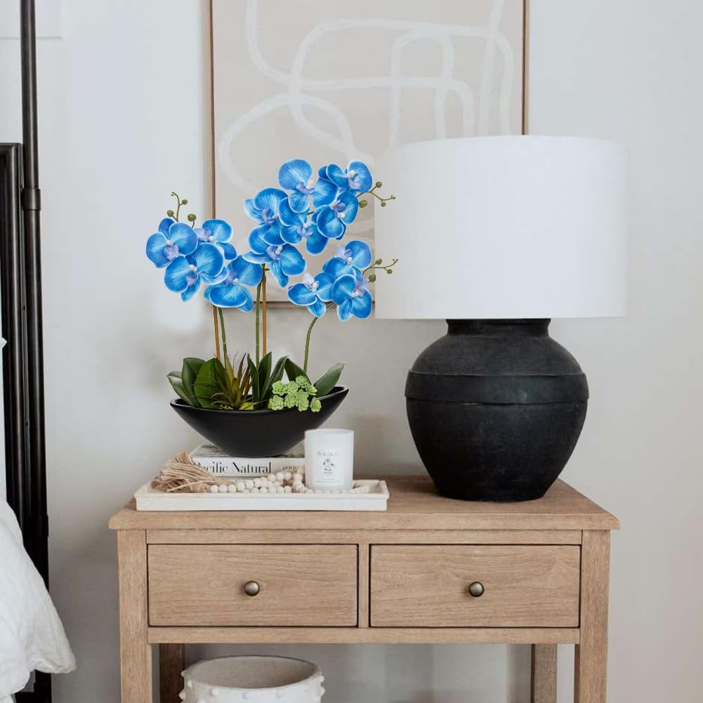 Briful Blue Orchid Fake Flowers 17in Artificial Orchid Silk Flowers in Black Pot Faux Orchid Arrangement for Home Office Bathroom Table Shelf Modern Decoration