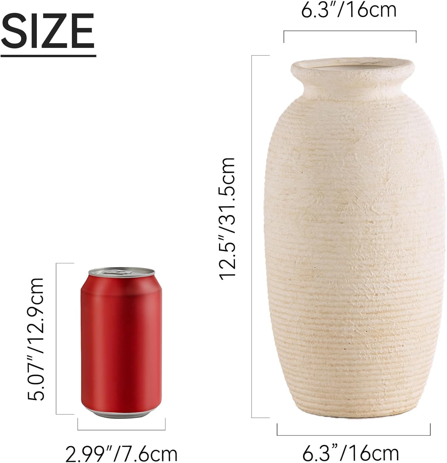 Ceramic Flower Vase, 12.5" Large Rustic Farmhouse Vases Home Decor Tall Pottery Decorative Pampas Vase for Table Living Room Entryway Mantel Bookshelf Bedroom Bathroom Kitchen-White