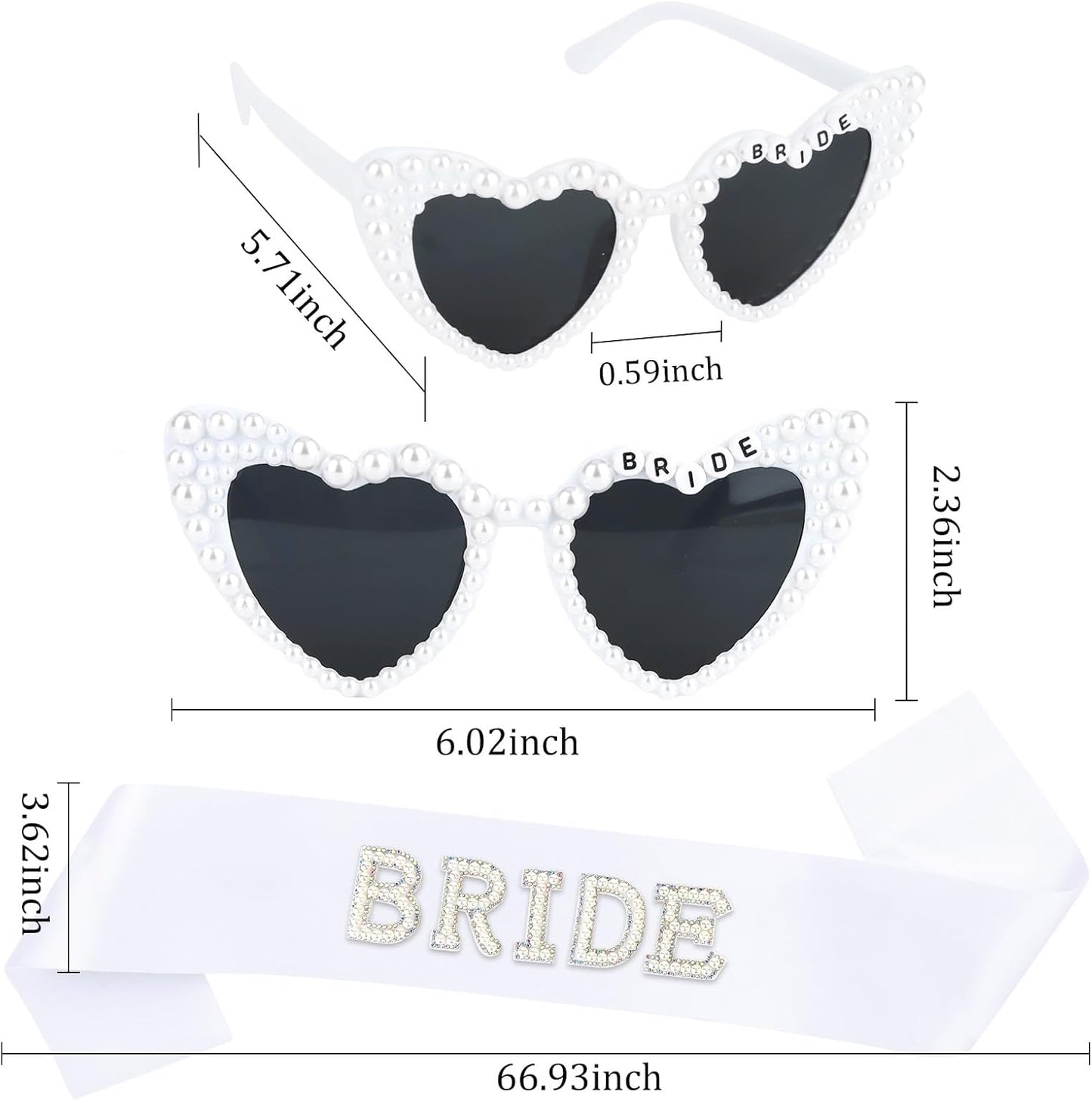 White Bride Sash & Heart Sunglasses Set Bachelorette Party Decorations Bridal Shower Engagement Party Decorations