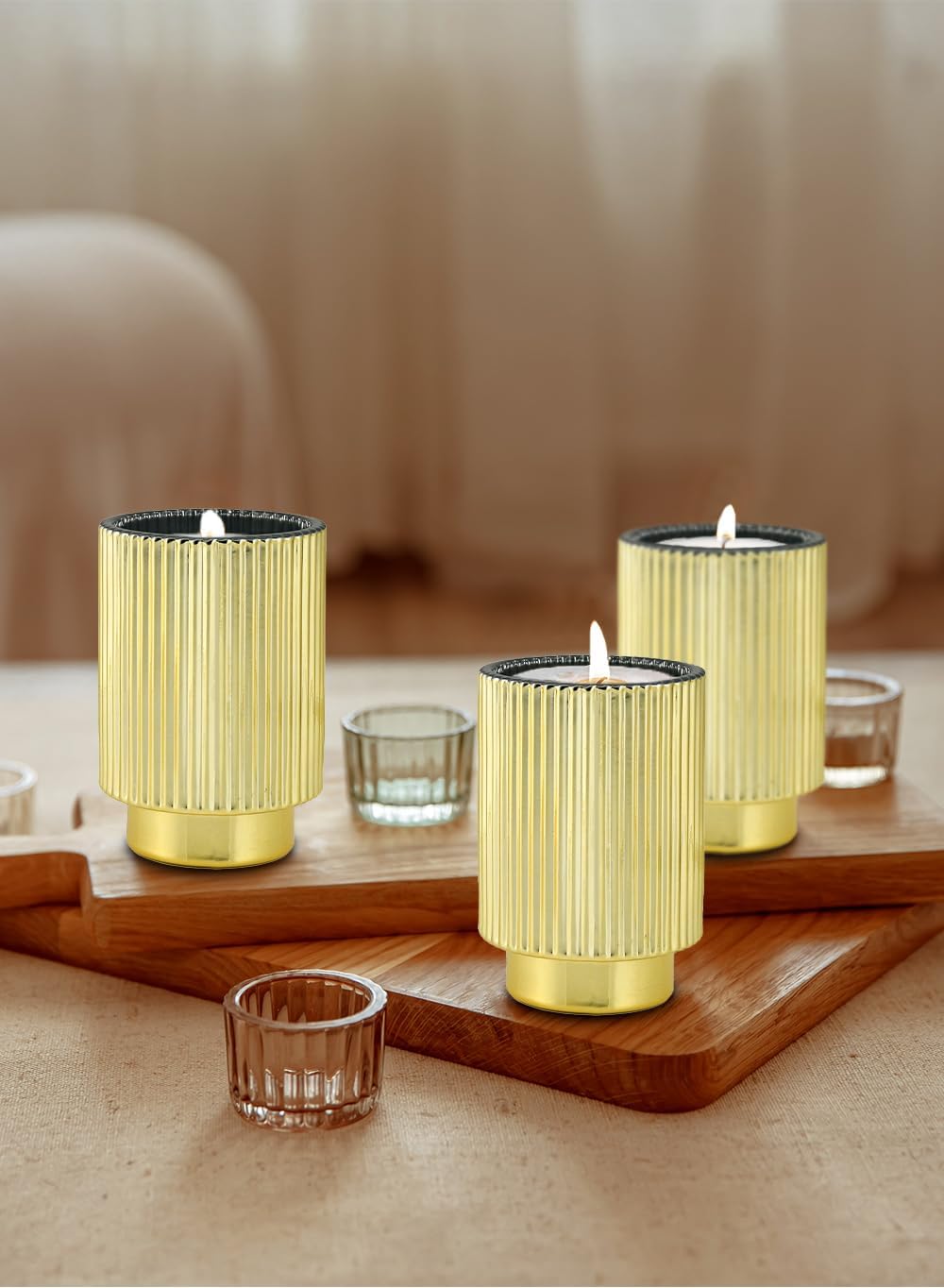 Serene Spaces Living Gold Ribbed Pedestal Glass Votive Holder, Table Centerpiece, Home, Office, Wedding, Birthday, Holiday & Special Events Decor, 3.5" Diameter & 5" Tall, Pack of 24