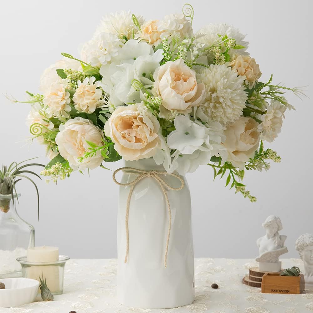 LESING Artificial Peony with Vase Silk Flowers Bouquets Fake Hydrangea Bulks for Home Table Centerpieces Wedding Decoration(White-1)