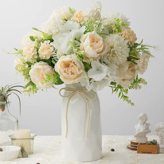 LESING Artificial Peony with Vase Silk Flowers Bouquets Fake Hydrangea Bulks for Home Table Centerpieces Wedding Decoration(White-1)