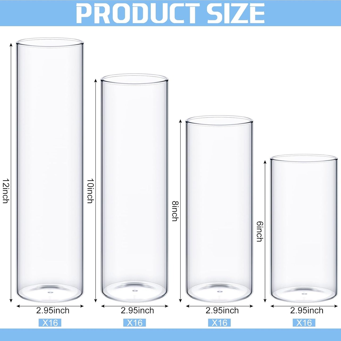 Sawysine 64 Pcs Glass Cylinder Vases 2.5''/2.95''/3.9'' Diameter Clear Flowers Vase Hurricane Floating Candles Holders for Table Centerpieces (2.95 x 6 in,2.95 x 8 in,2.95 x 10 in,2.95 x 12 in)