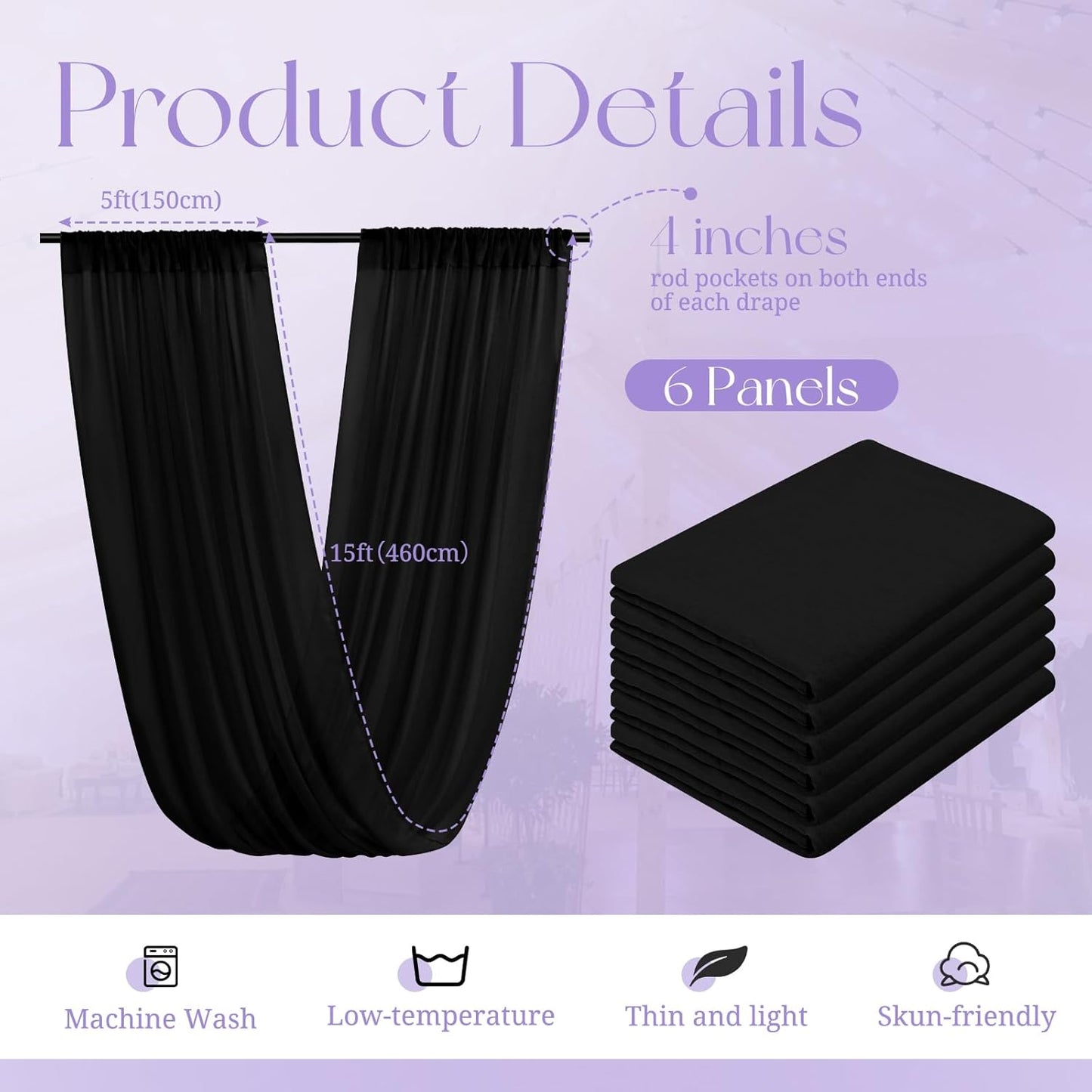 6 Panels Black Ceiling Drapes for Wedding, 5ftx15ft Ceiling Drapes Cheesecloth Sheer Fabric Curtain Wedding Arch Draping Fabric Romantic Ceilings Decorations for Weddings Party Ceremony Stage