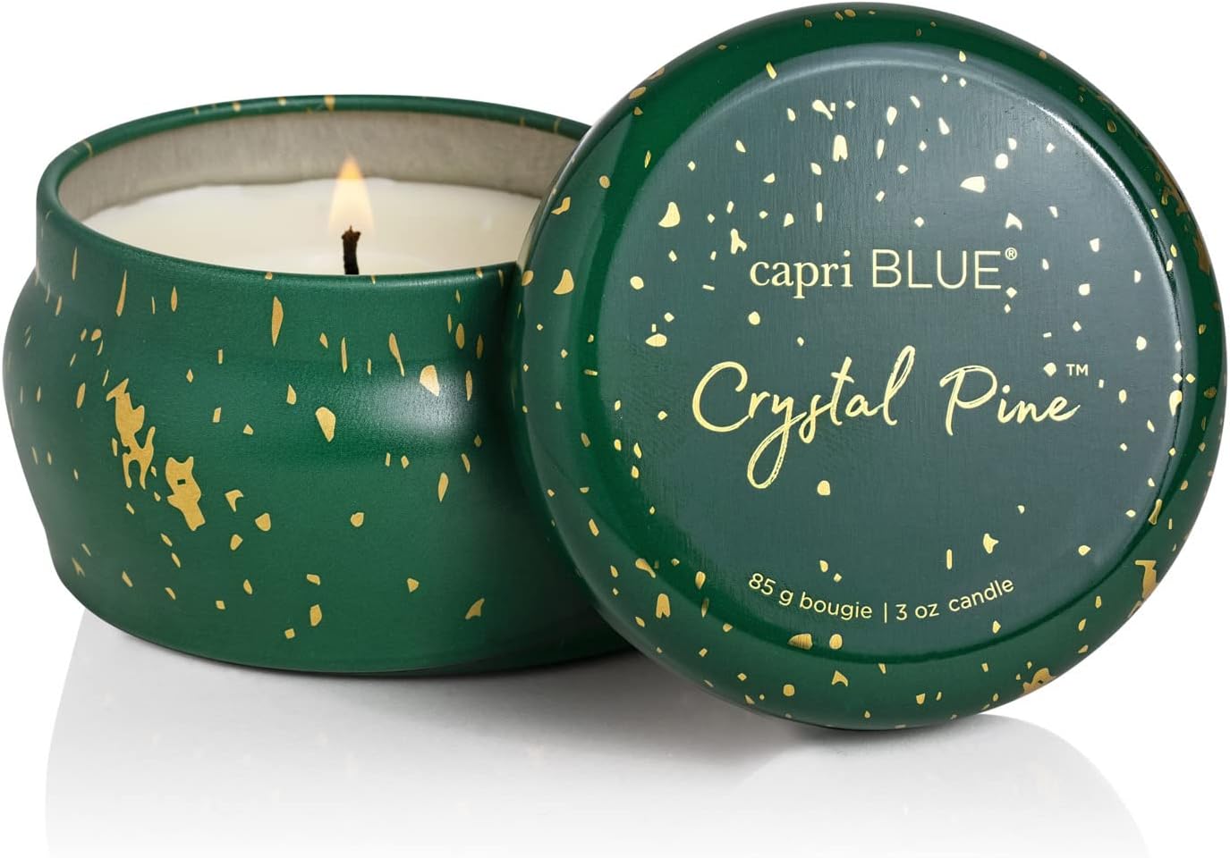 Capri Blue Glimmer Mini Tin - Crystal Pine Scented Candle with Mini Tin Candle Holder - Soy Wax Blend - Capri Blue Crystal Pine Emerald Green and Gold (3 oz)