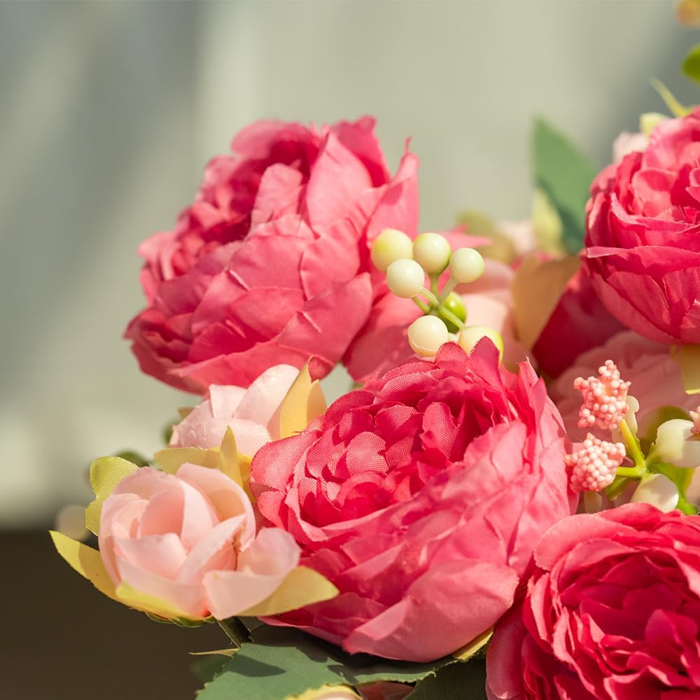 Artificial Peonies Silk Flowers in Glass Vase Faux Flowers Bouquets Modern Penoy Arrangement 4 Pack for Home Decoration Table Centerpiece (Rose Red)