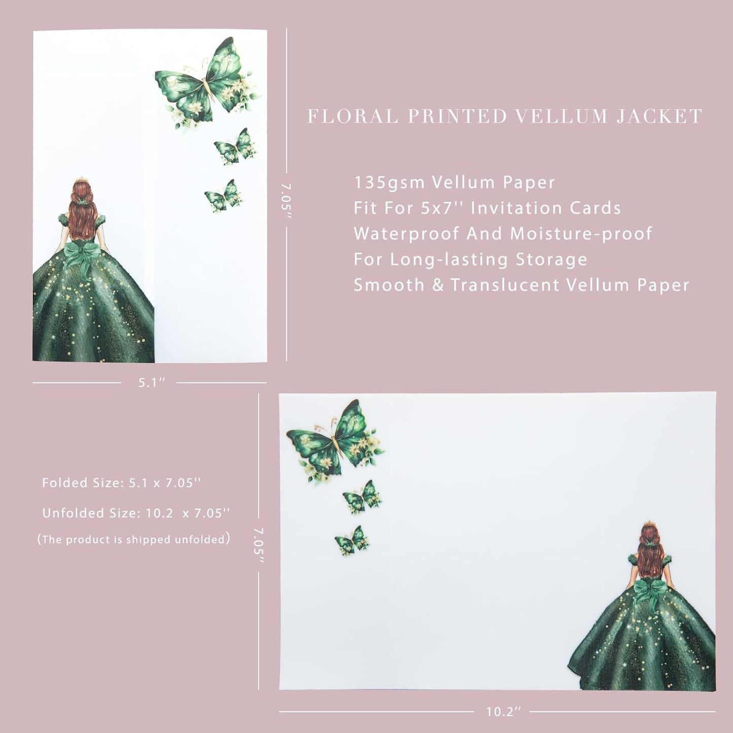 PONATIA 50 PCS Vellum Jackets for 5x7 Invitations - Vellum Paper 5x7 Jackets - 135GSM Emeral Green Girl - Butterfly Quinceanera Invitations Wraps (Emerald Green Girl)