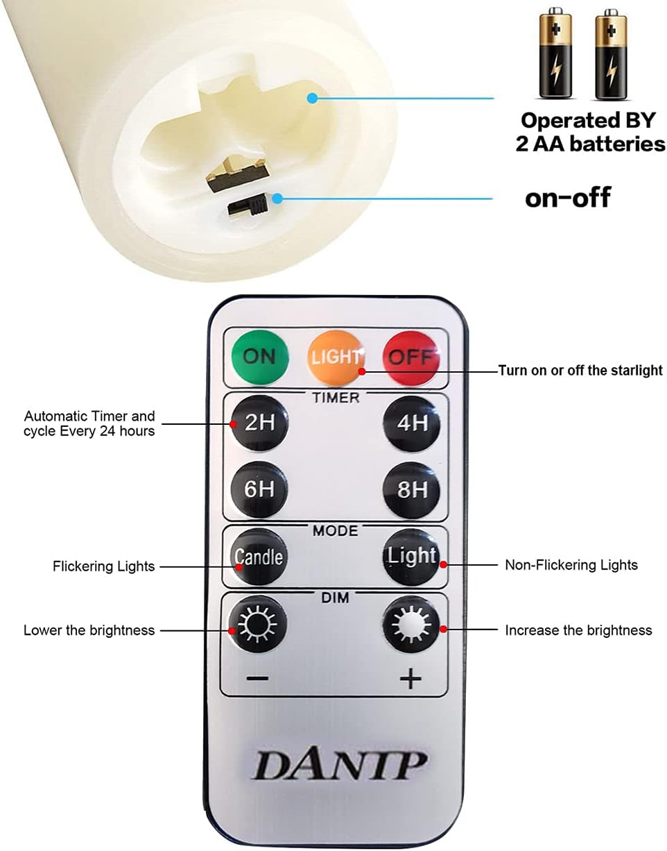 LED flameless Candle, with Embedded Starlight String,（ danip)5-Piece LED Candle, with 10-Key Remote Control, 24-Hour Timer Function, Dancing Flame, Real Wax, Battery-Powered. (Ivory White)