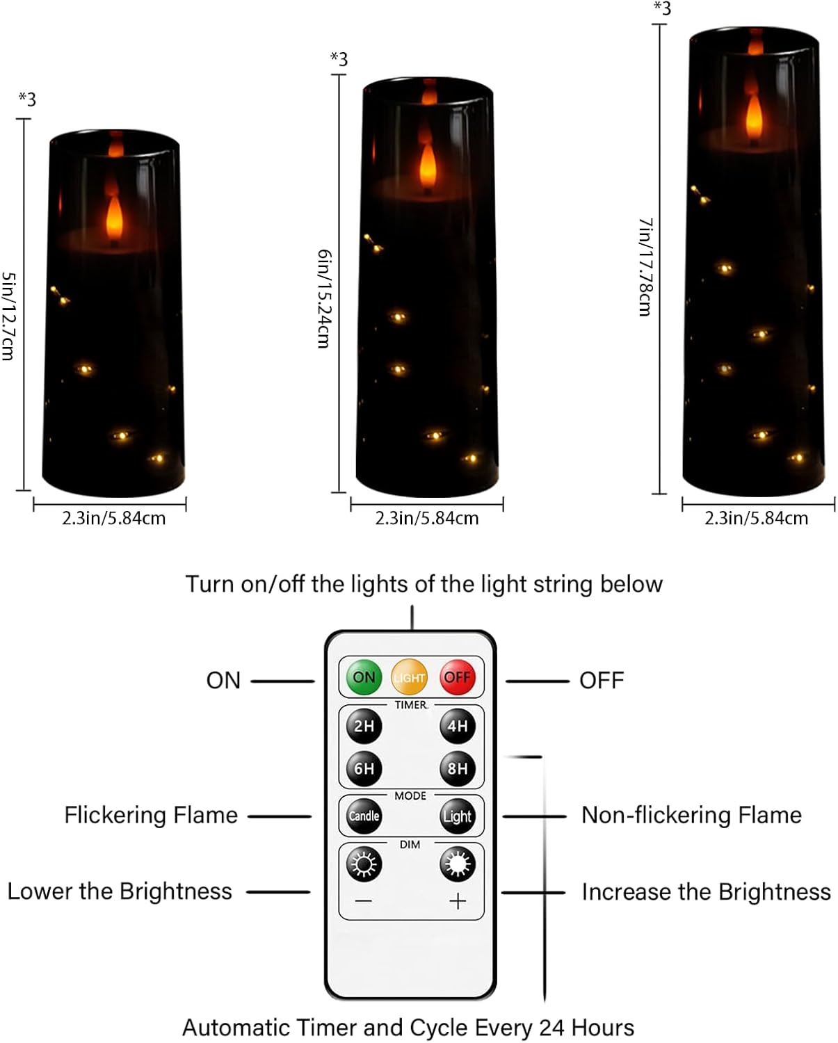 Flameless LED Candles with Timer 9 Pc Flickering Flameless Candles for Romantic Ambiance and Home Decoration Stable Acrylic Shell,with Embedded Star String,Battery Operated Candles（Black）