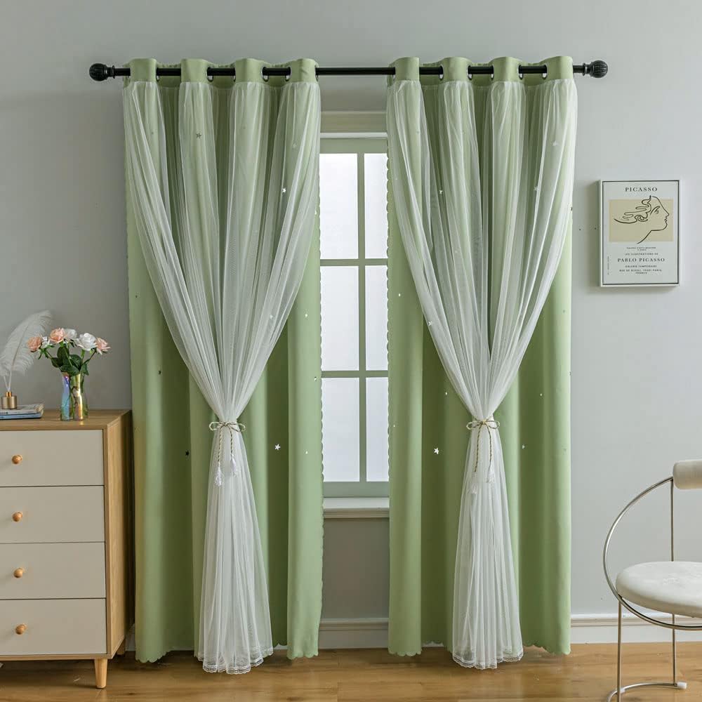 FANLI 2 Panels Star Blackout Curtains for Kid Girls Bedroom Living Room Darking Stripe Double Layer Star Cut Out Wall Home Decor Gradient Grommet Window Curtains (Green 84L)