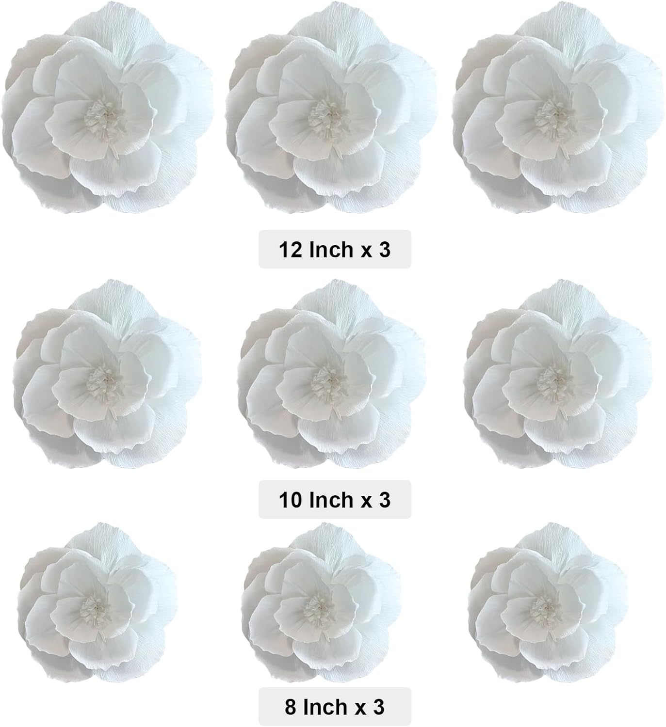 BRT Bearingshui Crepe Paper Flowers Decoration for Wall Total 9 Pcs, Artificial Flowers for Wedding Decor,Flower Backdrop Decor, Baby Bridal Shower Birthday Party, White 3D Wall Flowers Decor