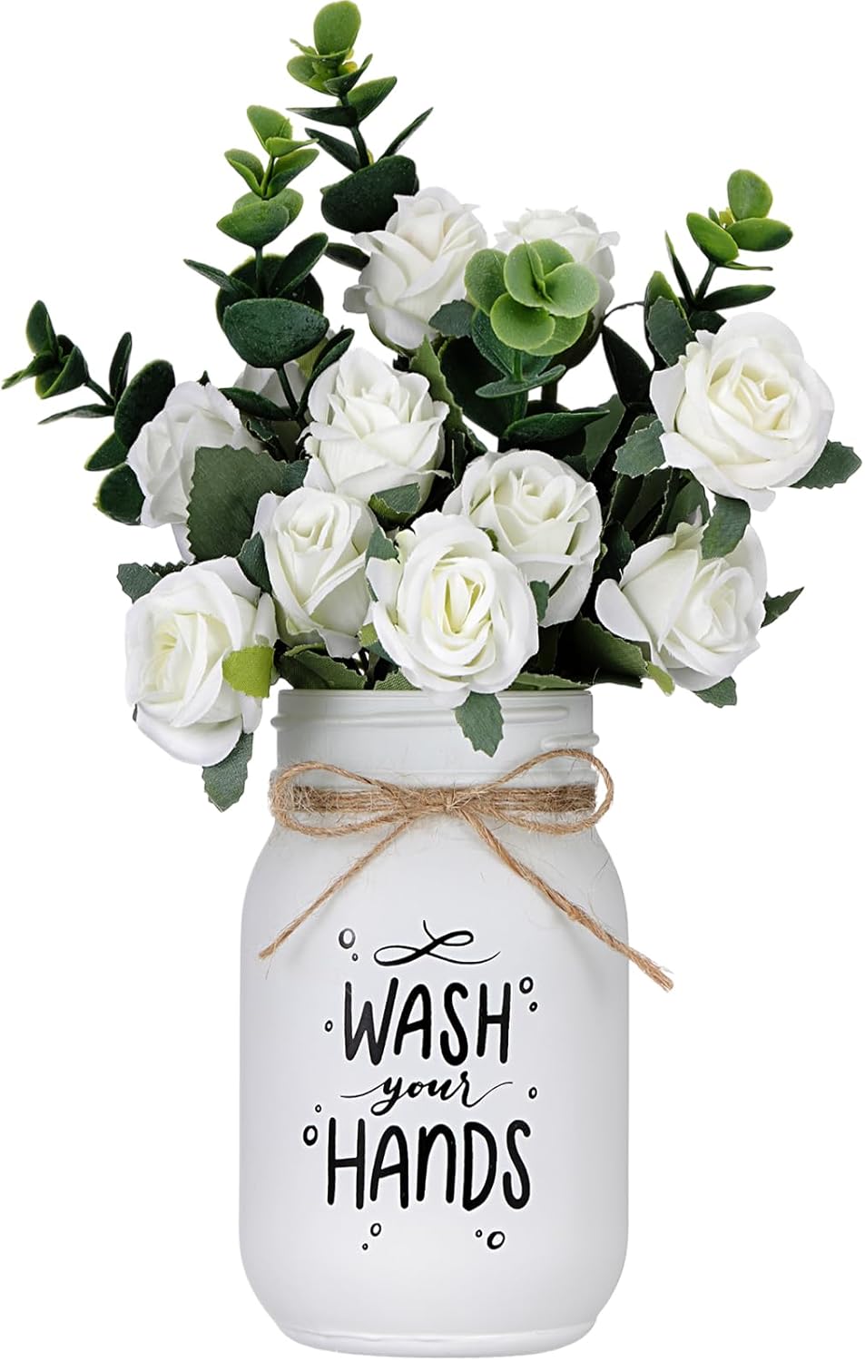 XunYee Farmhouse Bathroom Decor Wash Your Hands Sign Mason Jar with Flowers 16.9 oz White Mason Jar Centerpiece Table Rustic Decor for Restroom Bathroom Shelf Bridal Shower Kitchen