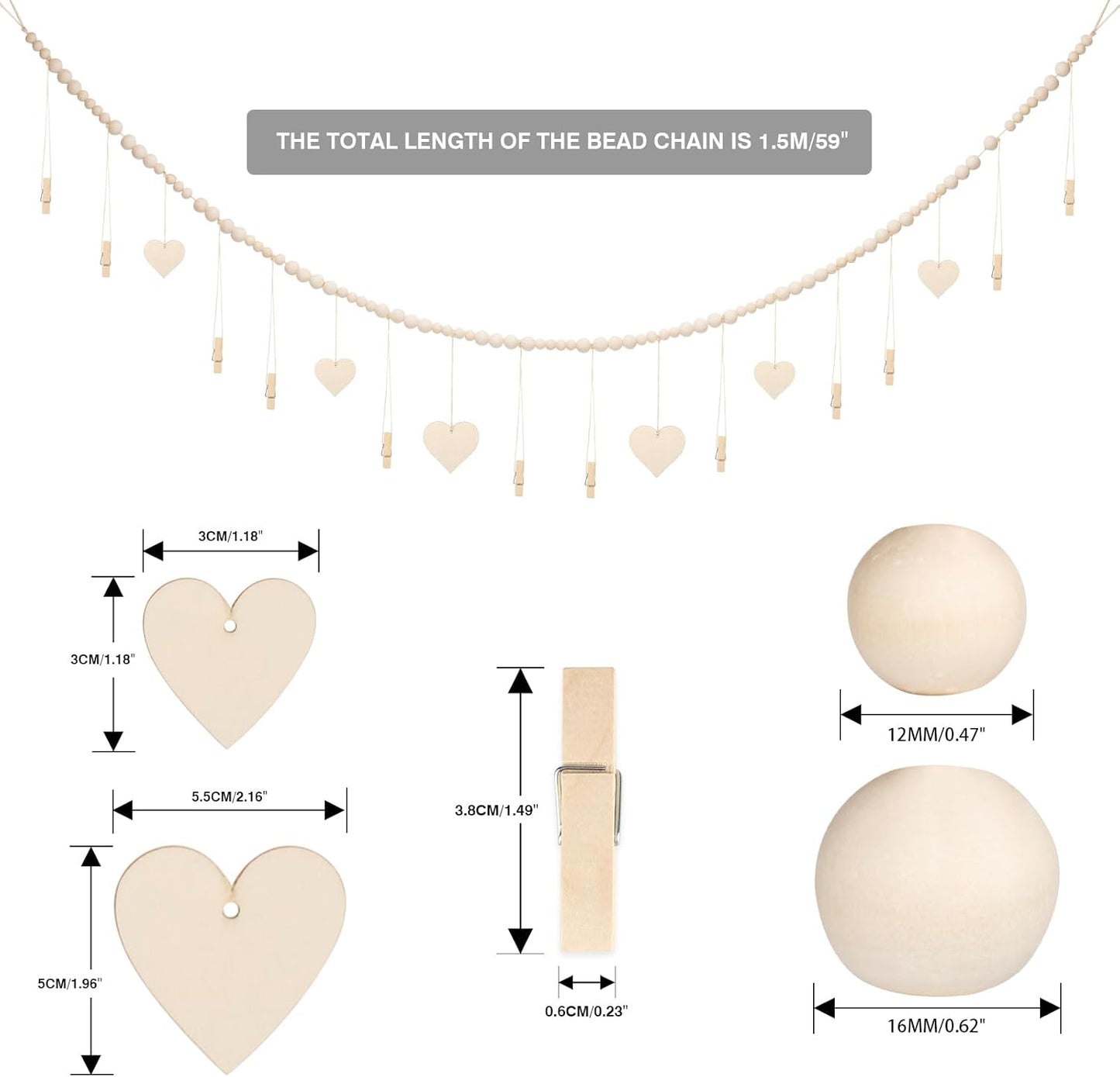 joycraft 5Ft Photo Banner with Clips, Photo Garland with Wooden Beads, Photo Clip String, Boho Photo Display for Bedroom, Office, Dorm, and Party Decor(11Pcs Clips + 6Pcs Wooden Heart Tags)