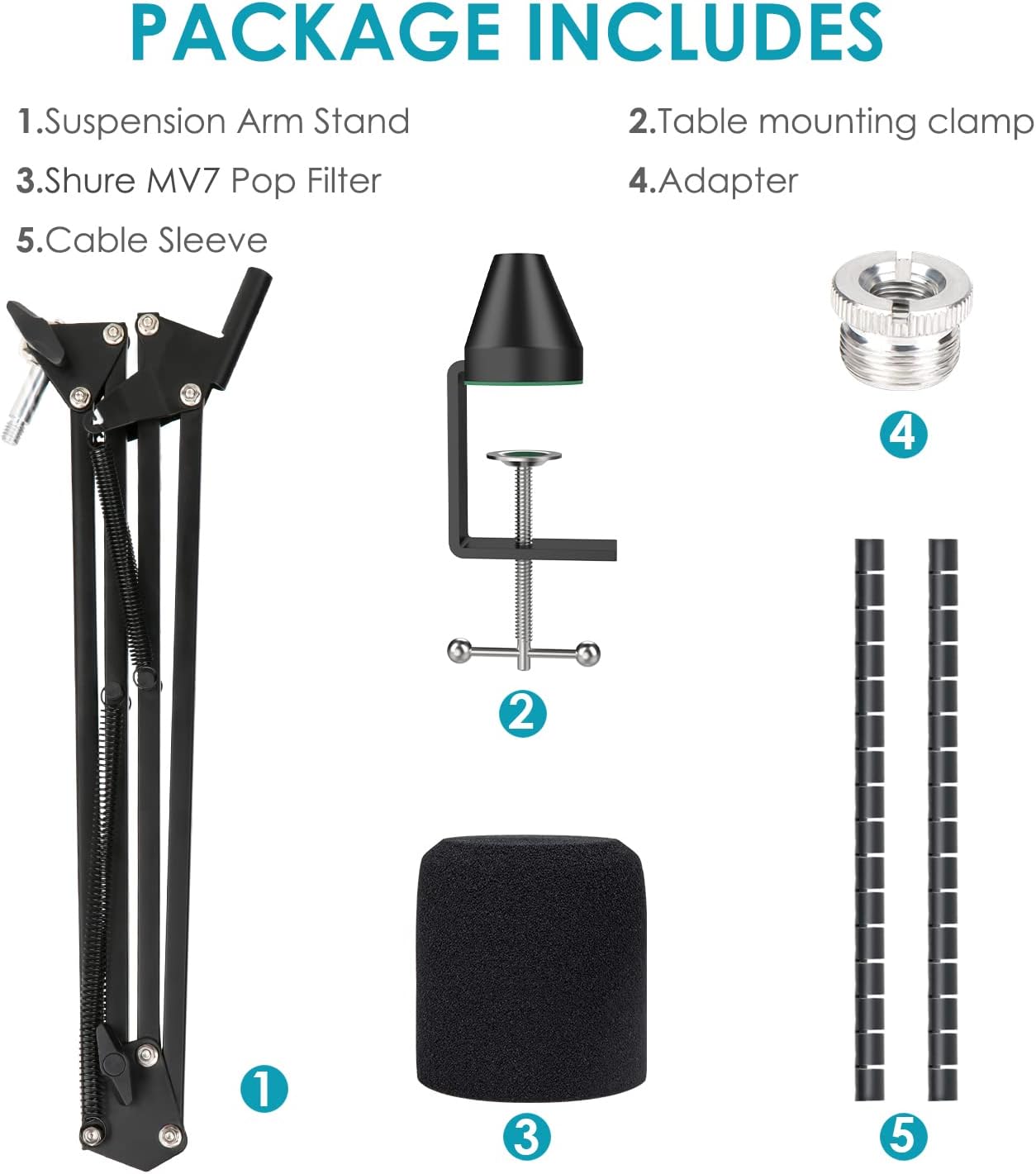 MV7 MV7X MV7+ Boom Arm - Mic Arm with Foam Cover Windscreen Compatible with Shure MV7 and Shure MV7X and Shure MV7+ Microphone with Pop Filter and 2 Cable sleeves by YOUSHARES