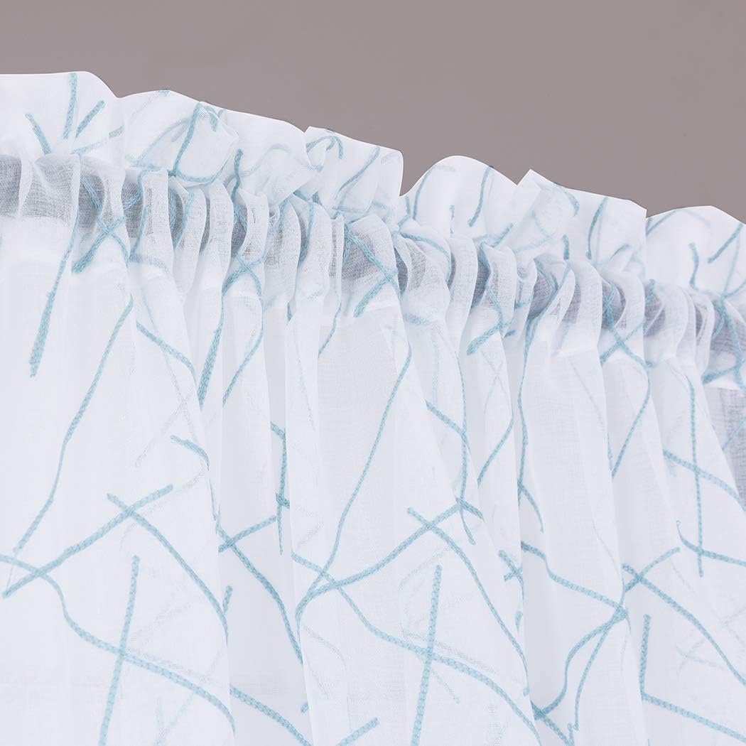 Blue Sheer Curtains 63 Inches, Rod Pocket Voile Drapes for Living room, Bedroom, Modern Embroidery Window Treatments Semi Faux Linen Curtain Panels for Yard, Patio, Parlor, Set of 2, 52"x 63".