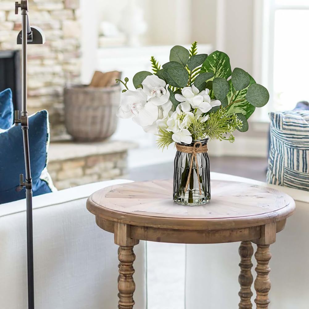 White Orchids Artificial Flowers with Vase Fake Flower in Vase Artificial Eucalyptus Stems in Glass Vases with Faux Water Faux Orchid with Evergreen Plant Arrangement for Dining Table Centerpiece