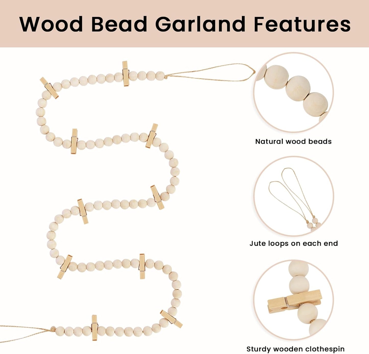 2Pcs Hanging Photo Display with Clips, Boho Wooden Bead Garland Collage Picture Frame Wall Decor, Photo String with 10 Clips for Bedroom Room Dorm Cubicle Decor, Christmas Teen Girls Gifts