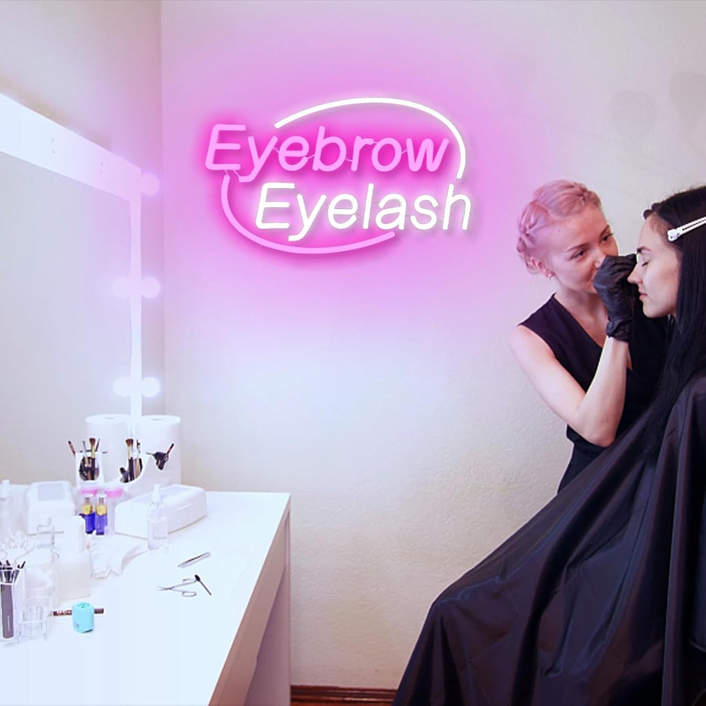 Eyebrows Eyelash Neon Sign, Pink and White Letter Neon Lights For Wall Decor, Girls Makeup Room Bedroom Beauty Salon Eyelash Studio Decoration（16.5 X 10.2 inch）