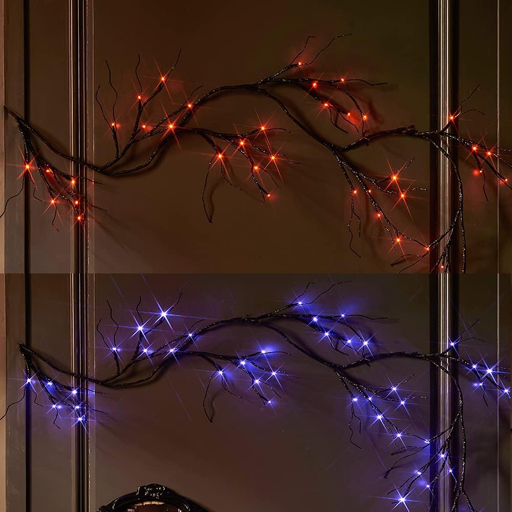 Hairui Lighted Halloween Garland with 48L Orange and Purple Bi-Color LED Lights 8 Functions, Black Glittered Garland Lights Battery Operated 6FT for Indoor Outdoor Halloween Party Decoration