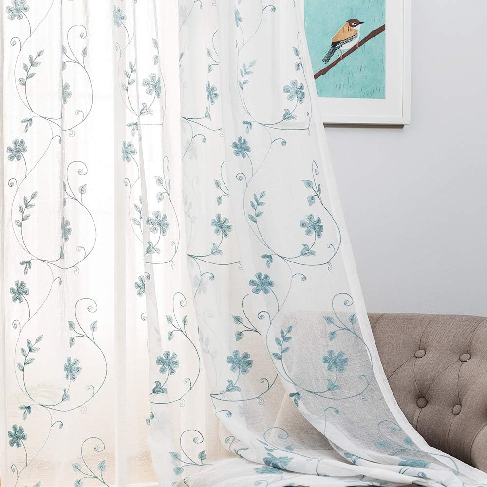 Floral Embroidery Sheer Curtains Blue 63 Inches, Rod Pocket Voile Drapes for Living room, Bedroom, Window Treatments Semi Crinkle Curtain Panels for Yard, Patio, Villa, Parlor, Set of 2, 52"x 63".
