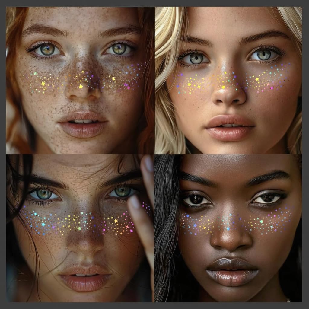 Glitter Freckles, 24PCS Glitter Freckles Face Tattoo, Sparkle Freckles for Women, Waterproof Gold Temporary Face Tattoos Glitter Glow Up Patches Makeup Patches (Holographic 6pcs)