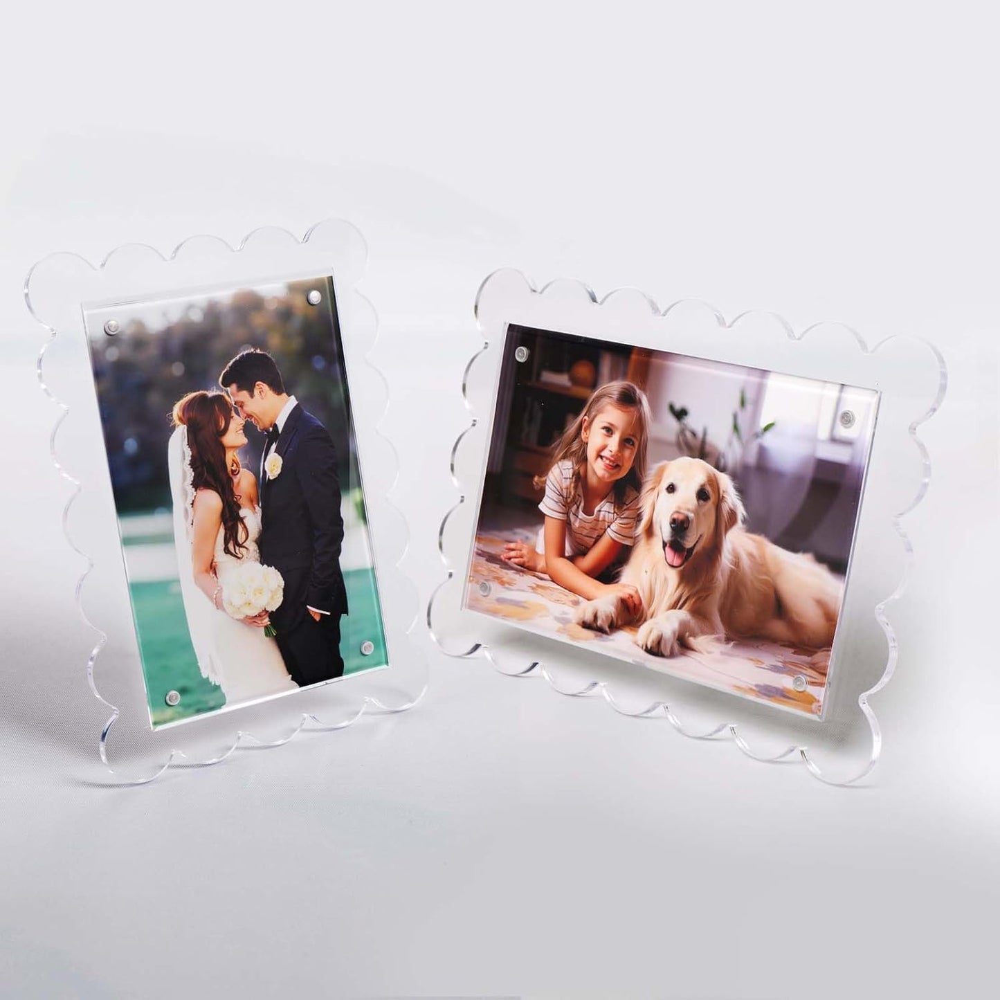 Cuspin 2 Pack 4x6 Acrylic Frame, Scalloped Picture Frame Clear Magnetic Acrylic Photo Frames with Dual Kickstand Holes for Vertical and Horizontal Display