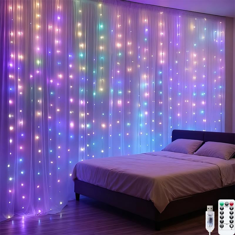 300LED Fairy Curtain Lights, 9.8x9.8Ft Warm White USB Plug in 8 Modes & Timer Christmas String Hanging Lights with Remote for Bedroom Indoor Outdoor Weddings Party Wall Decorations(Multicolor)