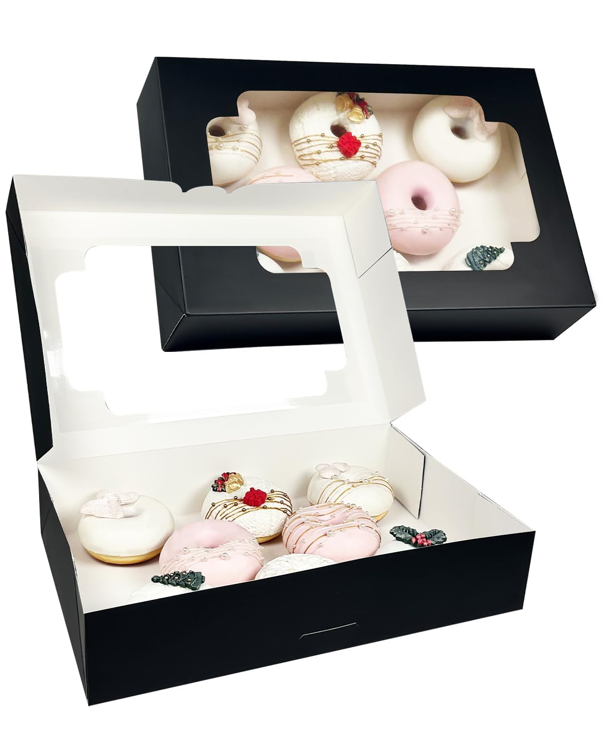 qiqee Auto-pop up Black Cookie Box with Window 12x8x2.5 inch 18 Packs Two Uses One Second Folding Pastry Biscuit Bakery Box for Packaging