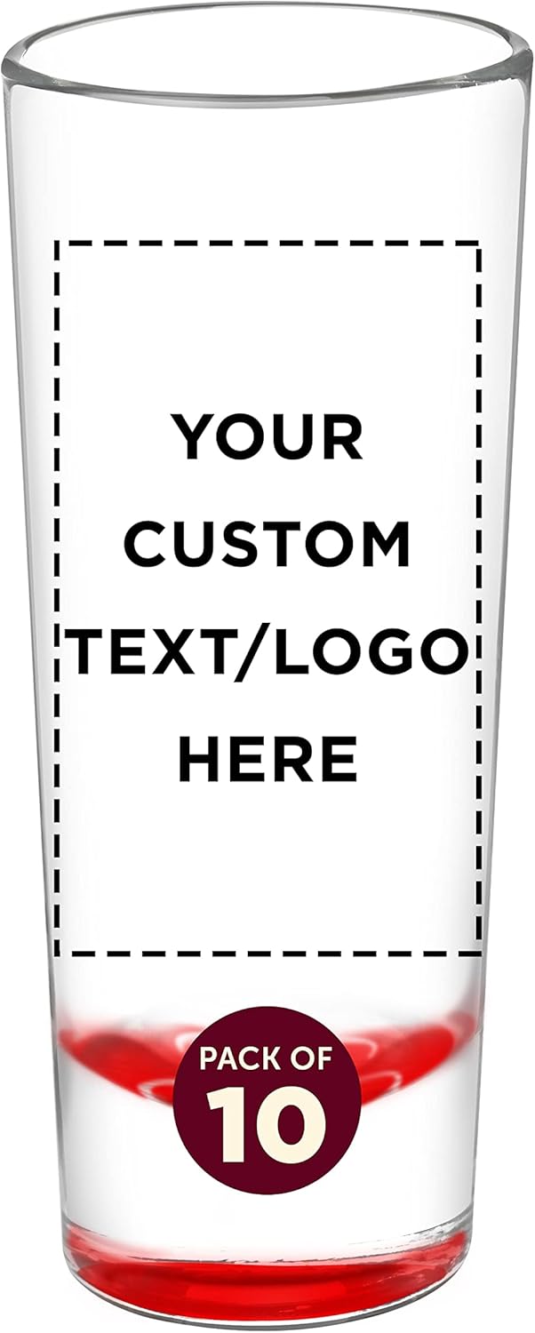 Custom Cordial Shooter Shot Glasses 2 oz. Set of 10, Personalized Bulk Pack - Great for Birthdays, Parties, Indoor & Outdoor Events - Red