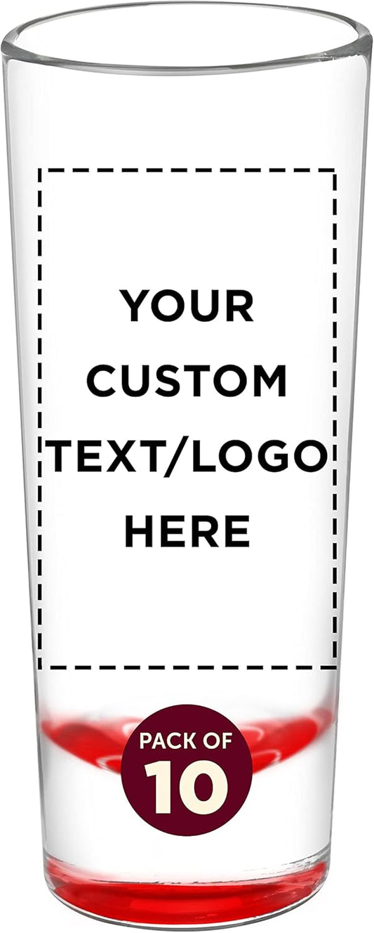 Custom Cordial Shooter Shot Glasses 2 oz. Set of 10, Personalized Bulk Pack - Great for Birthdays, Parties, Indoor & Outdoor Events - Red