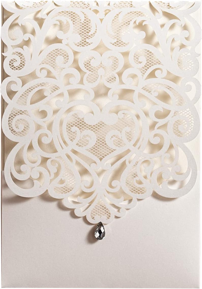 Hosmsua 50PCS White Wedding Invitations Kit 5 x 7.3 Inch Laser Cut Hollow Rose Rhinestone Pocket with Envelope for Quinceanera Bridal Shower Invite (White Ivory)