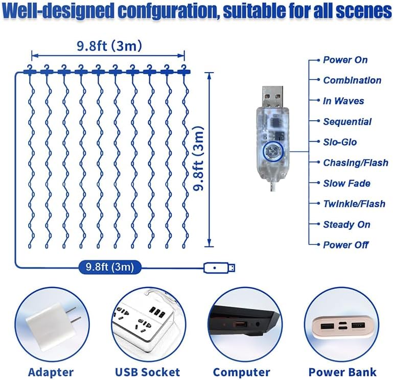 300LED Fairy Curtain Lights, 9.8x9.8Ft Warm White USB Plug in 8 Modes & Timer Christmas String Hanging Lights with Remote for Bedroom Indoor Outdoor Weddings Party Wall Decorations(rainbow)