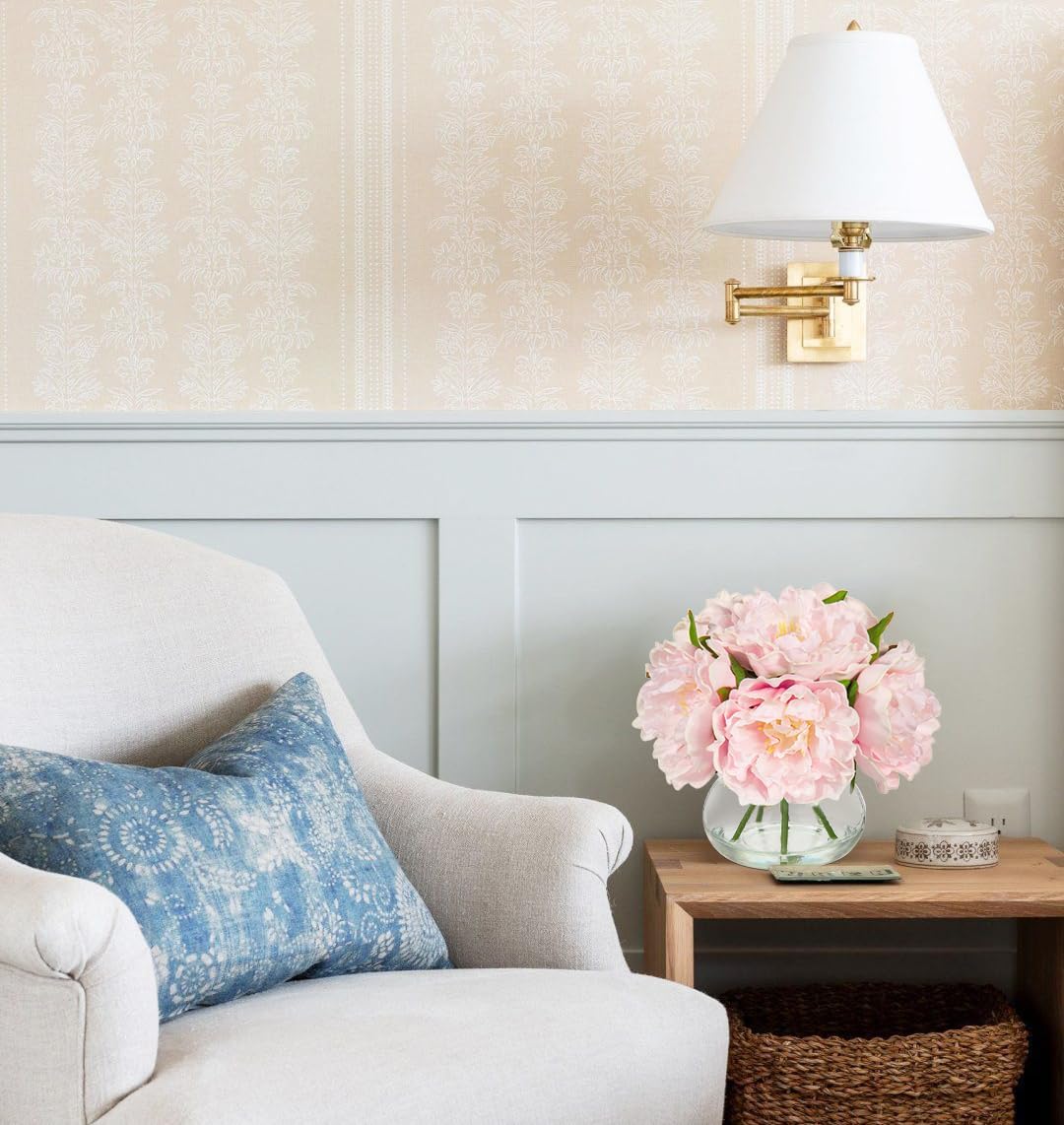 Hollyone Pink Peonies Artificial Flowers with Vase Faux Flowers Peony Fake Flowers Silk Flower Arrangements in Glass Vase with Faux Water for Home Decor Bathroom Table Centerpiece Shelf Decorations