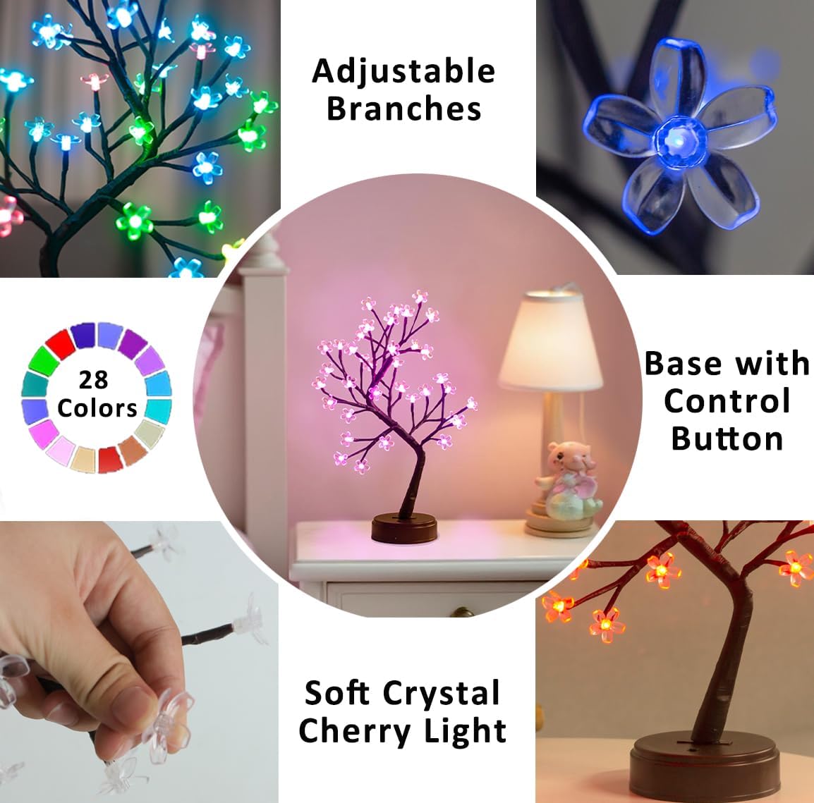 Pooqla RGB Cherry Blossom Tree Light with Remote 28 Colors LED Artificial Flower Bonsai Tree, RGB Table Top Lamp Home Lit Tree Valentine's Day Christmas Decoration 36 LED, Brown Branch