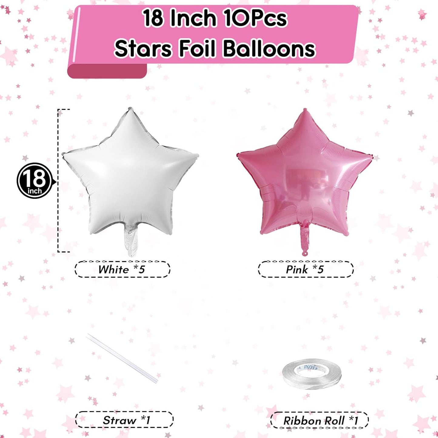 Pink White Star Foil Balloons, 18 Inch Pink White Stars Shape Mylar Balloons 10 Pcs Large Pink and White Pentagram Foil Balloons Party Decoration for Girls Birthday Wedding Bridal Baby Shower