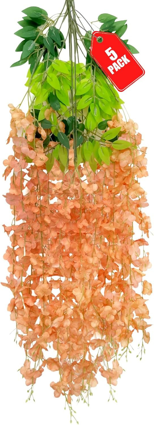 5 Pack Orange Wisteria Hanging Flowers, 3.44 Ft Fake Hanging Flowers, Artificial Wisteria Garland Vines for Wedding Room Backdrop Outdoor Patio Garden Decoration