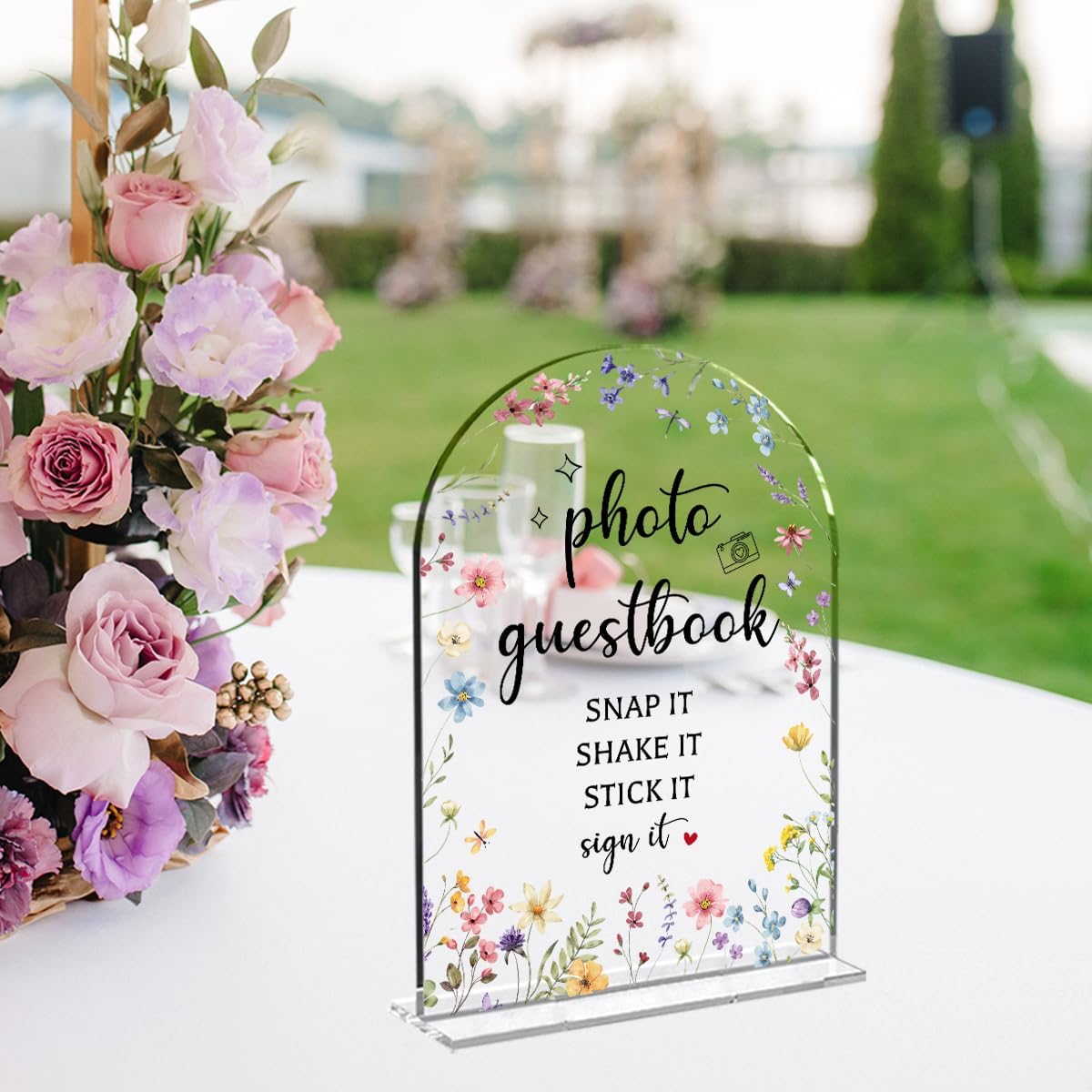 Wedding Sign Decor, Photo Guest Book Sign, 5x7 Inch Arch Acrylic, Wedding Sign for Reception & Event Party, Bridal Shower Decorations, Wedding Table Sign Accessories for Anniversary And Event(Flower)