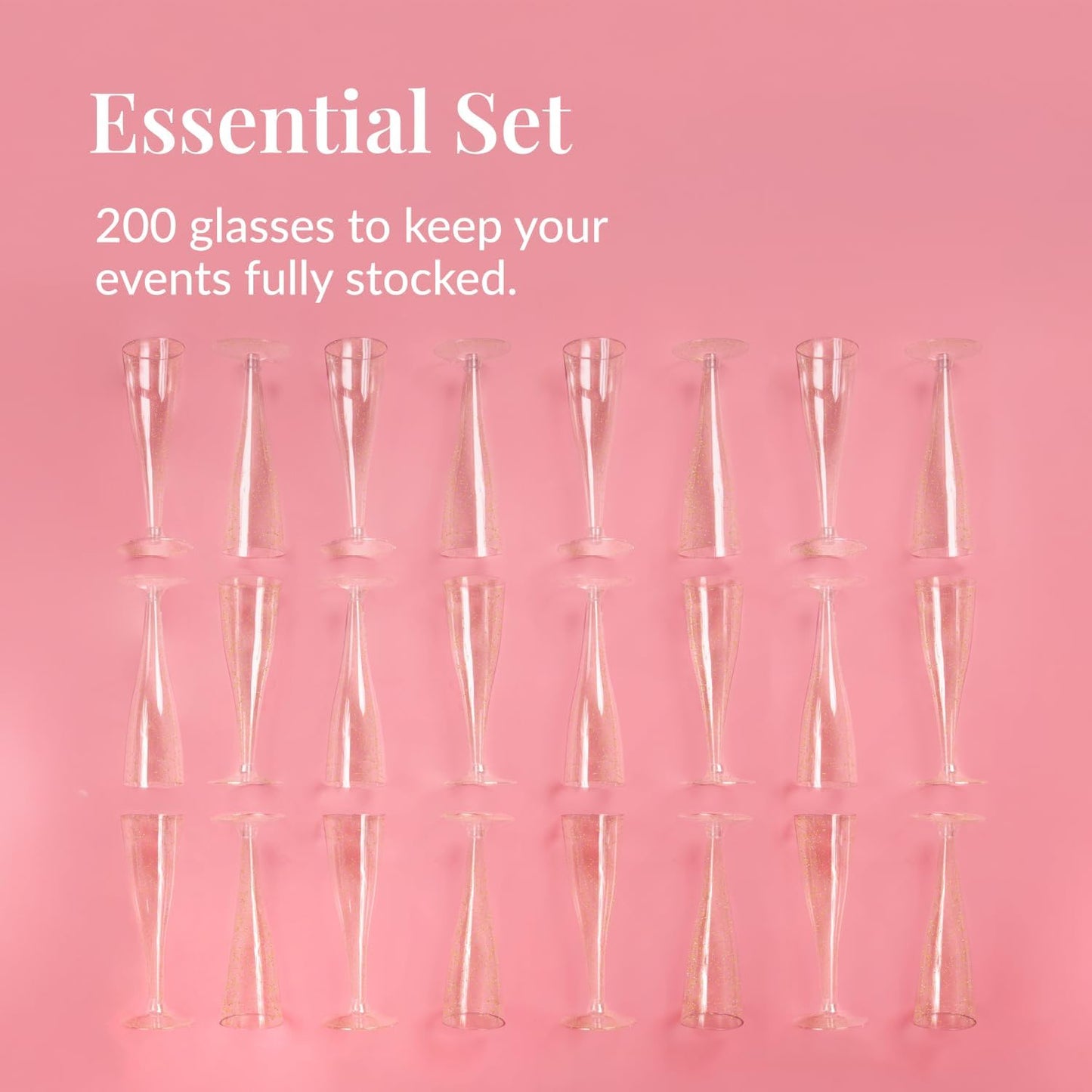 Prestee 200 Disposable Champagne Flutes Gold Glitter Glasses - 4.5 Oz Plastic Champagne Cups for Parties, Wedding Toasts, Mimosa Bar, and New Year’s Eve - Elegant Bulk Gold Plastic Wine Flutes