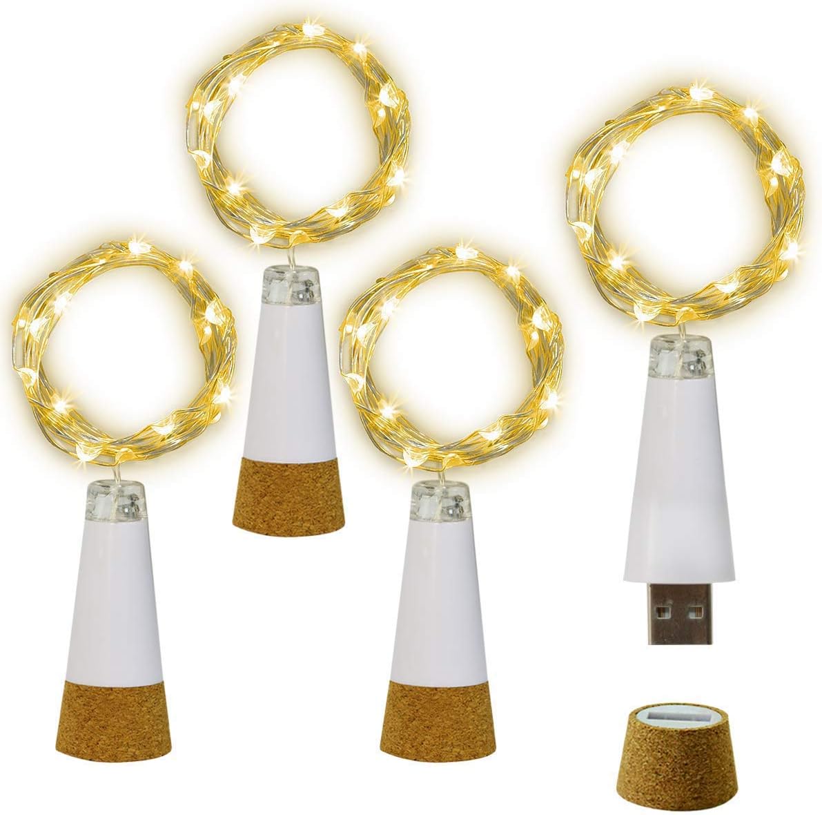 NeoJoy Wine Cork Lights, Rechargeable Bottle Fairy String Lights with 15 LED for DIY Artificial Parties Centerpiece Bedroom Decoration Gift (Warm White, 4PCS)