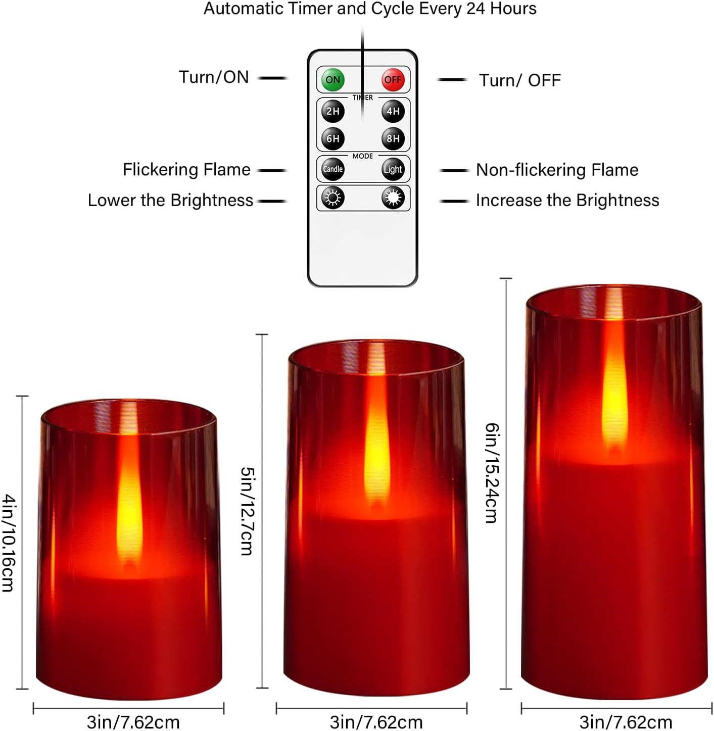 Flameless LED Candles, Upgraded Realistic Flickering Flame Pillar Battery Operated Candles with Remote Timer, Acrylic Electric Set of 3 for Home Decoration and Holiday Celebrations（Red）