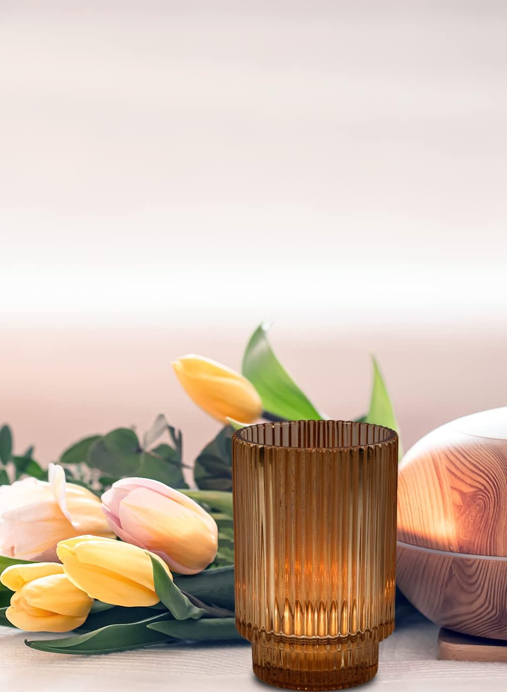 Serene Spaces Living Amber Ribbed Glass Votive Holder, Decorative Centerpiece for Wedding, Christmas, Thanksgiving, Party, Dining Table, Living Room, Home Décor, Measures 3.25" Diameter and 5" Tall