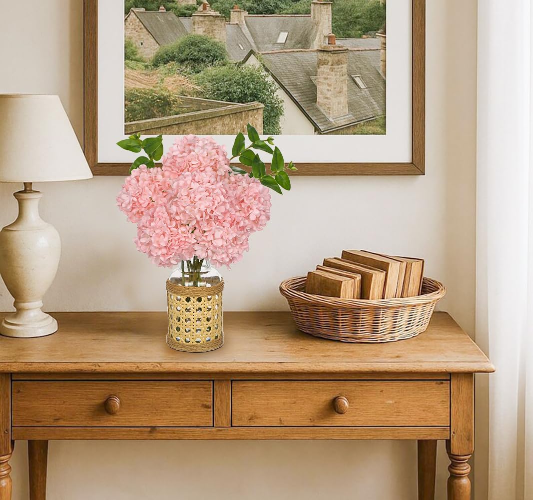 Hollyone Pink Hydrangea Artificial Flowers in Woven Glass Vase with Faux Water Silk Hydrangeas Fake Flowers Floral Arrangement for Home Indoor Bathroom Kitchen Office Table Centerpiece Shelf Decor